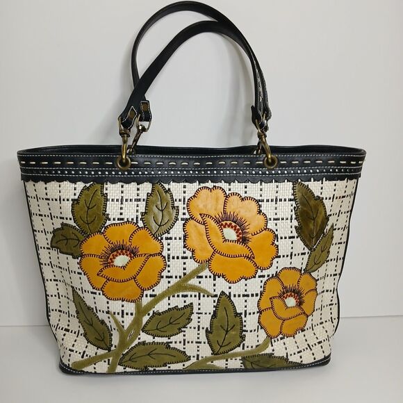Isabella Fiore Straw Embroidered Leather Flowers Handbag Boho Shoulder Bag EUC - Picture 1 of 13